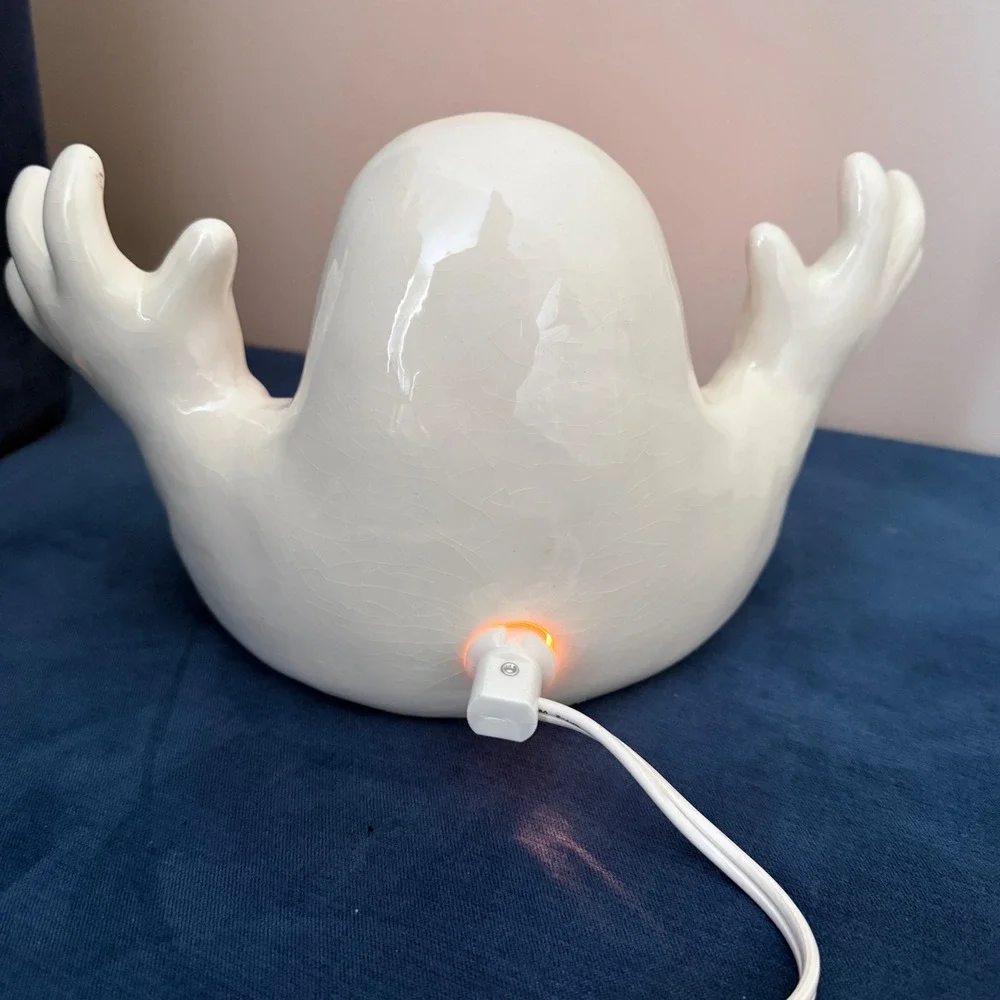 Vintage 90s Halloween Ghost Candy Bowl Light Up  Ceramic White Spooky Boo Decor